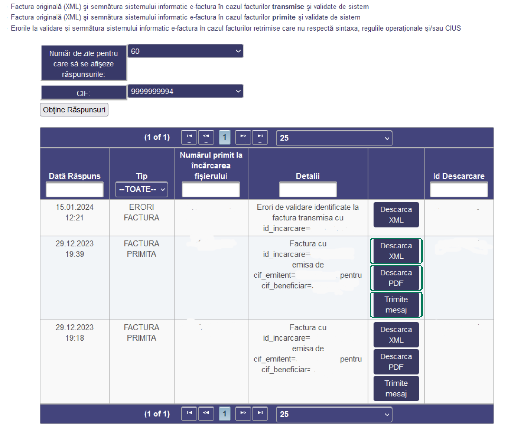 Ecranul „Răspunsuri factură” din SPV: listele „Număr de zile pentru care să se afişeze răspunsurile:” și „CIF:”, butonul „Obţine Răspunsuri”, iar pe rândul unei facturi primite cele trei butoane încercuite — „Descarca XML”, „Descarca PDF” și „Trimite mesaj”.