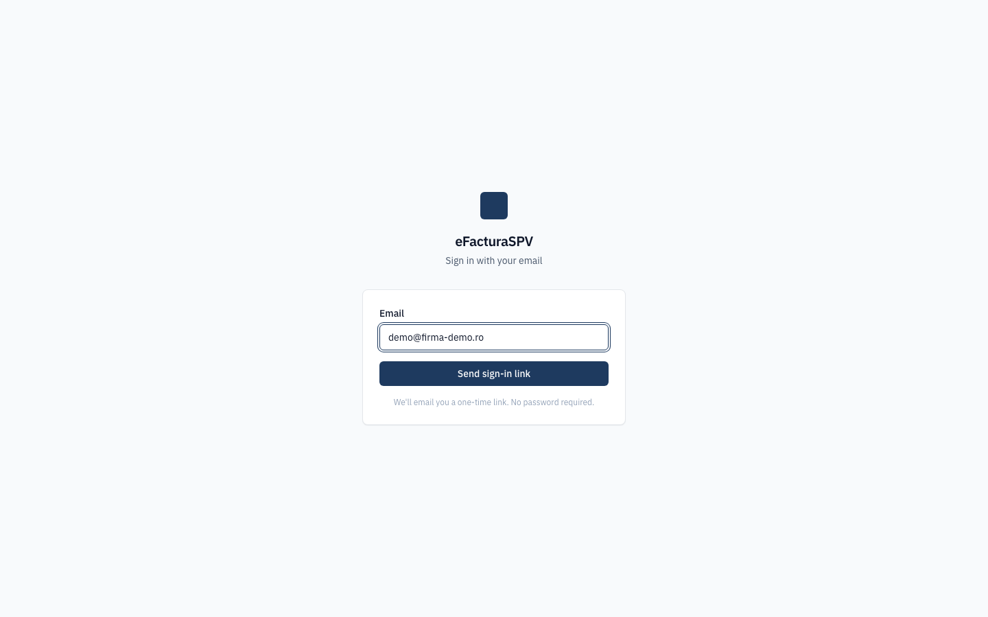 Ecranul de autentificare prin link trimis pe e-mail