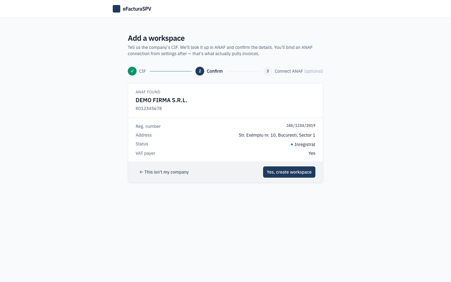 Confirmarea datelor firmei găsite la ANAF